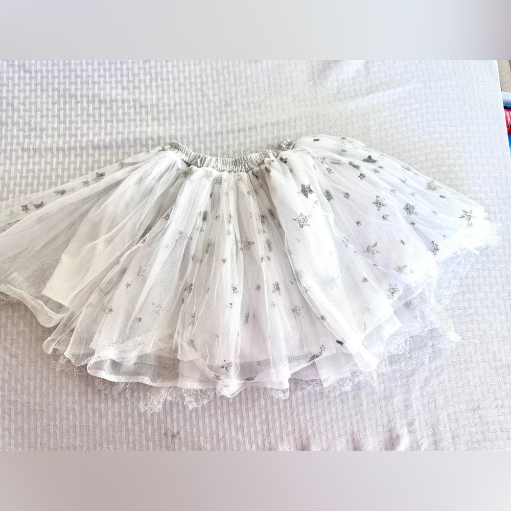 Pottery Barn Kids White Silver Glitter Star Tutu Skirt 3-6Y Holiday Party